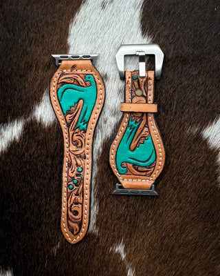 Turquoise Thunderbird Tooled Leather Smart Watch Band by American Darling