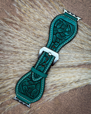 Aqua Sunflower Tooled Leather Smart Watch Band by American Darling
