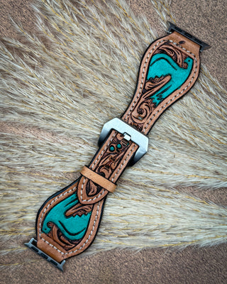 Turquoise Thunderbird Tooled Leather Smart Watch Band by American Darling