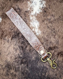 Classic Country Hand-Tooled Key Fob displayed on cowhide.