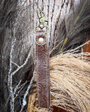 Classic Country Hand-Tooled Key Fob displayed on wheat, wood backdrop.