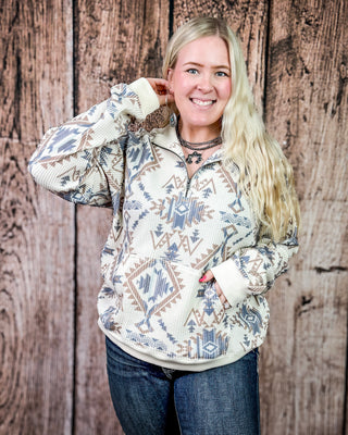 Mesa Quarter Zip Pullover in Cream and Navy by Hooey