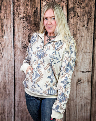 Mesa Quarter Zip Pullover in Cream and Navy by Hooey