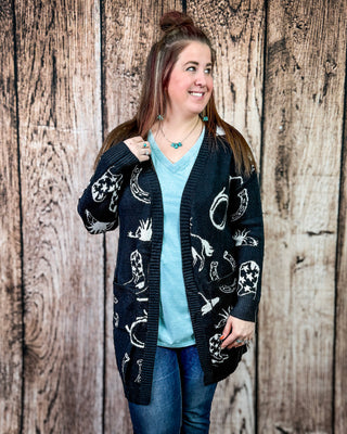 Cowgirl Collage Knit Cardigan in Black by Lucky & Blessed