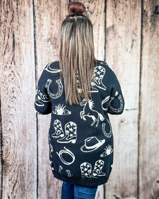 Cowgirl Collage Knit Cardigan in Black by Lucky & Blessed