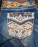 Zoom in of the back pocket on the Emberglow Embellished Bootcut Jeans.