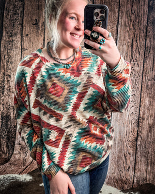 Country Rust Aztec Pullover in Rust & Turquoise by Sterling Kreek