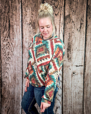 Country Rust Aztec Pullover in Rust & Turquoise by Sterling Kreek