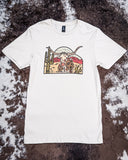Front view of the The Laredo Longhorn Graphic Tee displayed on cowhide.