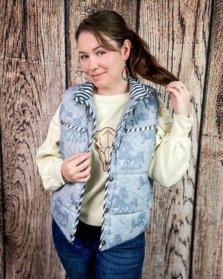 Silver Run Horse Aztec Puffer Vest in Blue Grey by Lucky & Blessed