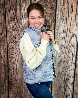 Silver Run Horse Aztec Puffer Vest in Blue Grey by Lucky & Blessed