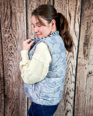 Silver Run Horse Aztec Puffer Vest in Blue Grey by Lucky & Blessed