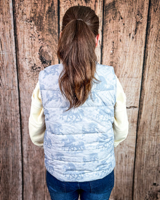 Silver Run Horse Aztec Puffer Vest in Blue Grey by Lucky & Blessed