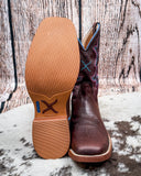 Bottom and front view of the Taffy Twisted X Women's 11" Tech X Boot on cowhide with a wood backdrop