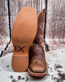 Front and bottom of the Sandi Twisted X Women's 11" Tech X Boot displayed on cowhide, wood backdrop.