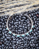 The Rayna Genuine Turquoise Bracelet displayed on beans and wheat.