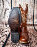Sole view of the Rustwood Rodeo Circle G Boots in  front of a wood backdrop.
