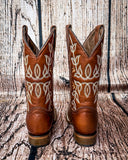 Back view of the Rustwood Rodeo Circle G Boots in  front of a wood backdrop.