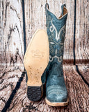 Front and bottom of the Blue Ridge Wrangler Circle G Boots in a wood backdrop.