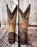 Back view of the Bronco Belle Circle G Boots in a wood backdrop.