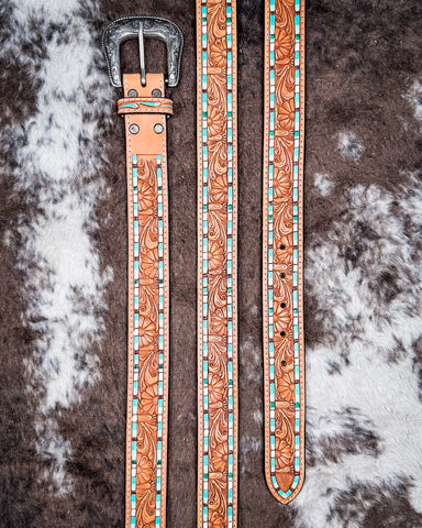 View of the Sierra Mesa Belt laid out on cowhide.