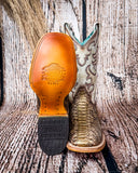 Front and bottom of the Sundance Python Corral Boots in a wood backdrop.