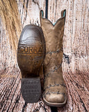 Front and bottom of the Barbed Trailblazer Corral Boots in a wood backdrop.