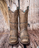 Front view of the Barbed Trailblazer Corral Boots in a wood backdrop.
