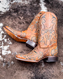 The Saddleback Shadow Corral Boots displayed on cowhide.