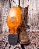 Front and bottom of the Saddleback Shadow Corral Boots in a wood backdrop.