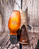 Front and bottom of the Canyon Lace Corral Boots in a wood backdrop.