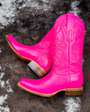 The Fuchsia Outlaw Corral Boots displayed on cowhide.