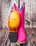 Front and bottom view of the Fuchsia Outlaw Corral Boots in a wood backdrop.