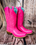Side view of the Fuchsia Outlaw Corral Boots in a wood backdrop.