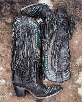 The Blackridge Stampede Corral Boots displayed on cowhide.