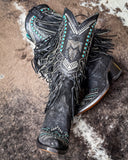 The Blackridge Stampede Corral Boots displayed on cowhide.