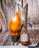 Front and bottom view of the Phantom Dune Corral Boots with a wood backdrop.