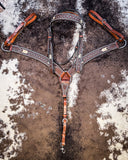 Turquoise Rawhide Breast Collar and Browband Headstall displayed on cowhide.