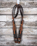 Crystal Collection Double Ear Headstall displayed on a wood background.