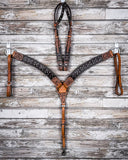 Crystal Collection Breast Collar and Double Ear Headstall displayed on a wood background.