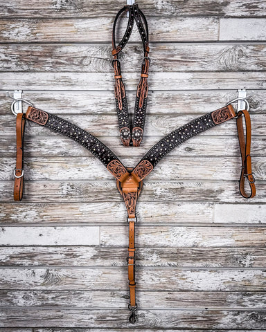 Crystal Collection Breast Collar and Double Ear Headstall displayed on a wood background.
