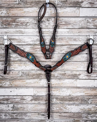 Beaded Cactus Breast Collar and One Ear Headstall displayed on a wood background.