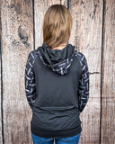 Hood down back view of the Cinched Up T-Shirt Hoodie on a model in front of a wood backdrop.