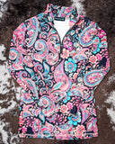 Midnight Bloom Fitted Pullover displayed on cowhide.
