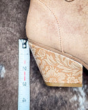 Dangerous Ankle Bootie in Light Tan 3" heel measurement displayed on cowhide background.