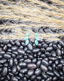 Black beans and wheat with turquoise earrings on a textured surface