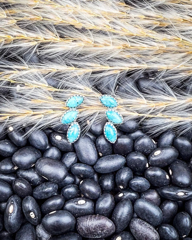 Turquoise earrings on black beans with a wheat background