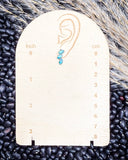 Jewelry measuring card with turquoise earrings on a bean and wheat background