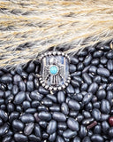 Silver ring with faux turquoise stone on black beans and wheat background