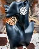 Silver earring on a black mannequin ear with a textured background